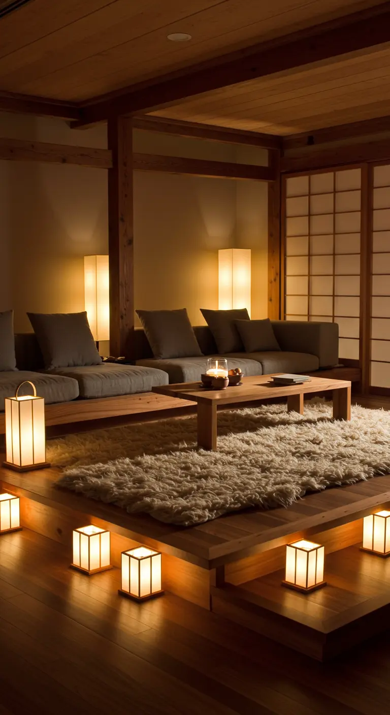 Salon d'inspiration japonaise avec assises basses et lanternes au sol.