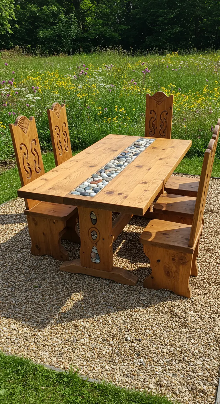 Table en bois sculpté avec une incrustation de galets de rivière au centre.