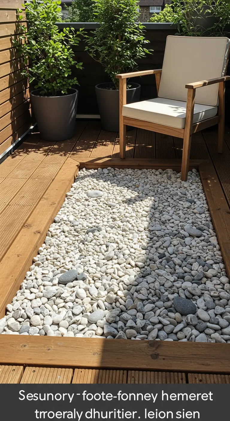 Bande de galets blancs intégrée dans une terrasse en bois, à côté d'un fauteuil.