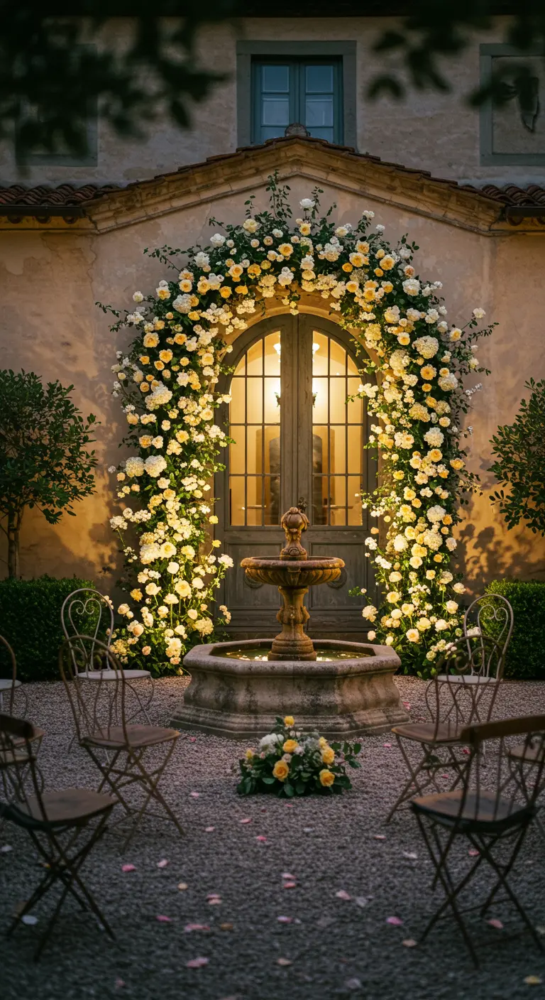 Porte cintrée en pierre recouverte de roses jaunes et blanches, entourant une fontaine.