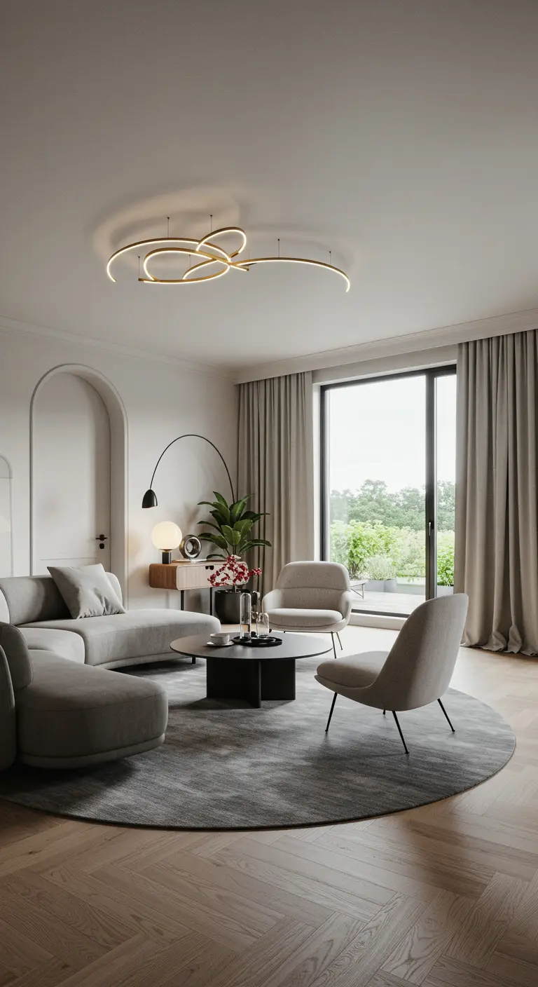 Salon moderne avec un grand tapis rond gris sous un canapé et des fauteuils incurvés.