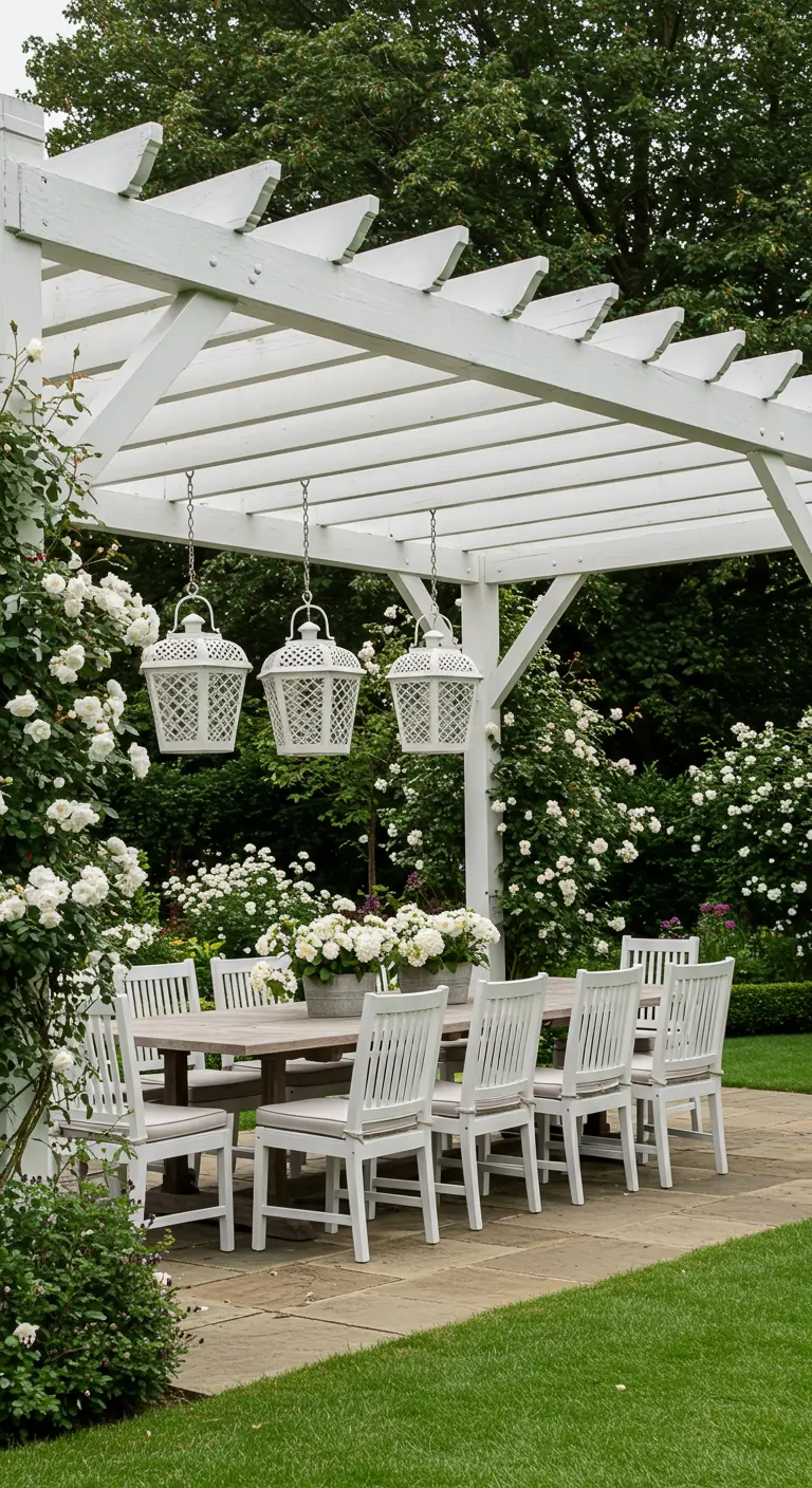 Pergola blanche couverte de roses blanches avec table et chaises blanches, lanternes suspendues.