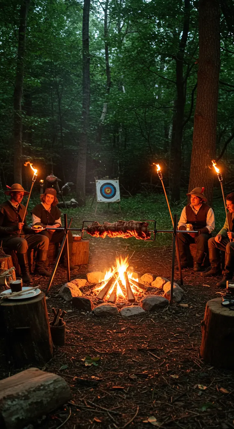Personnes en costume autour d'un feu de camp faisant rôtir de la viande à la broche.