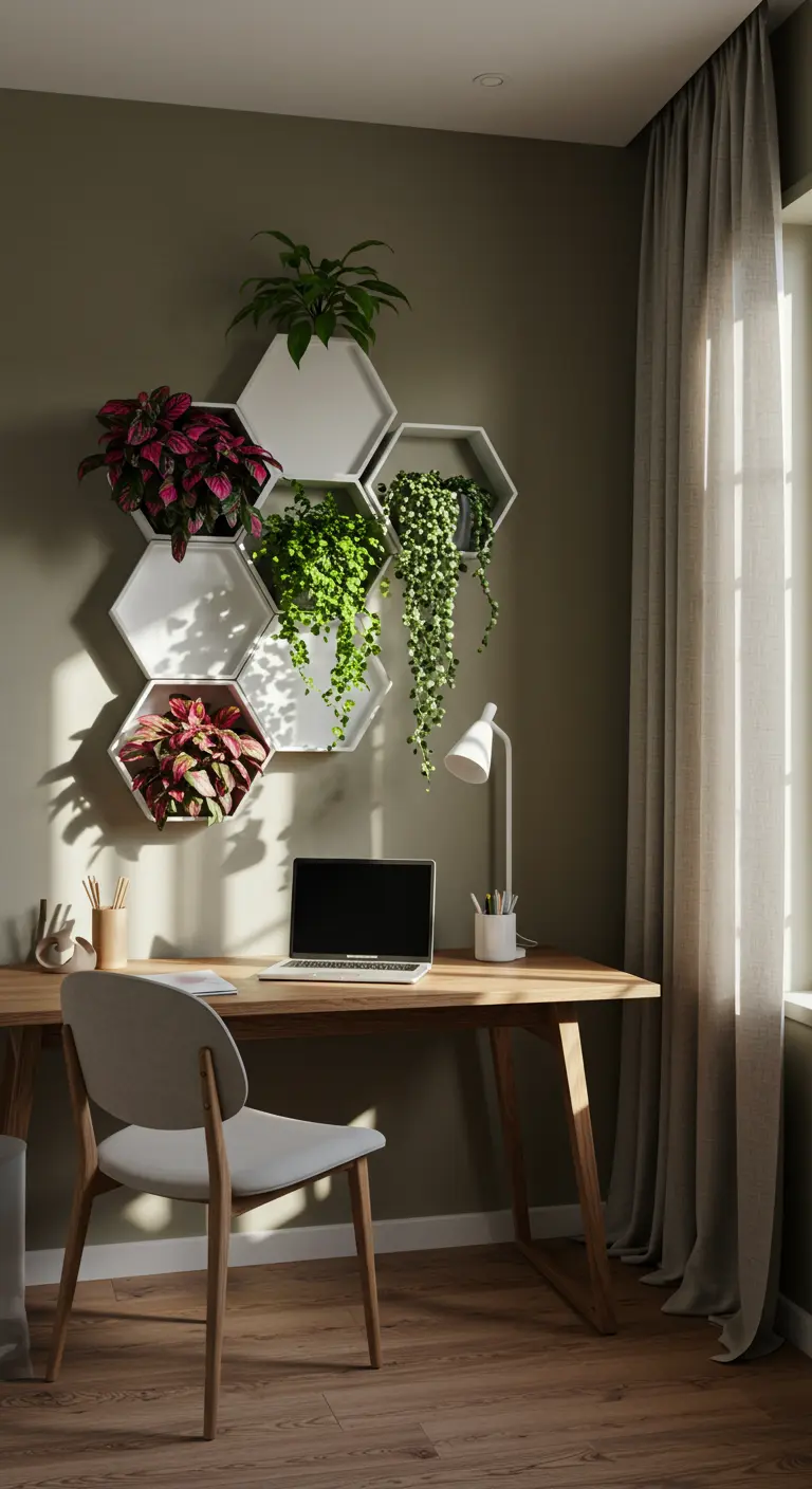 Jardinières murales hexagonales blanches avec des plantes vertes et rouges au-dessus d'un bureau en bois.