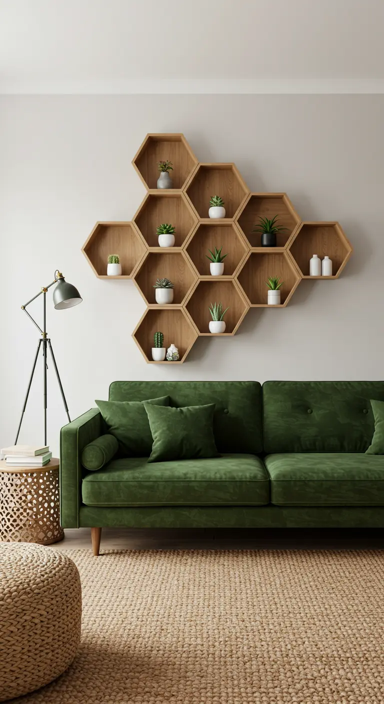 Composition d'étagères hexagonales en bois clair abritant des petites plantes.