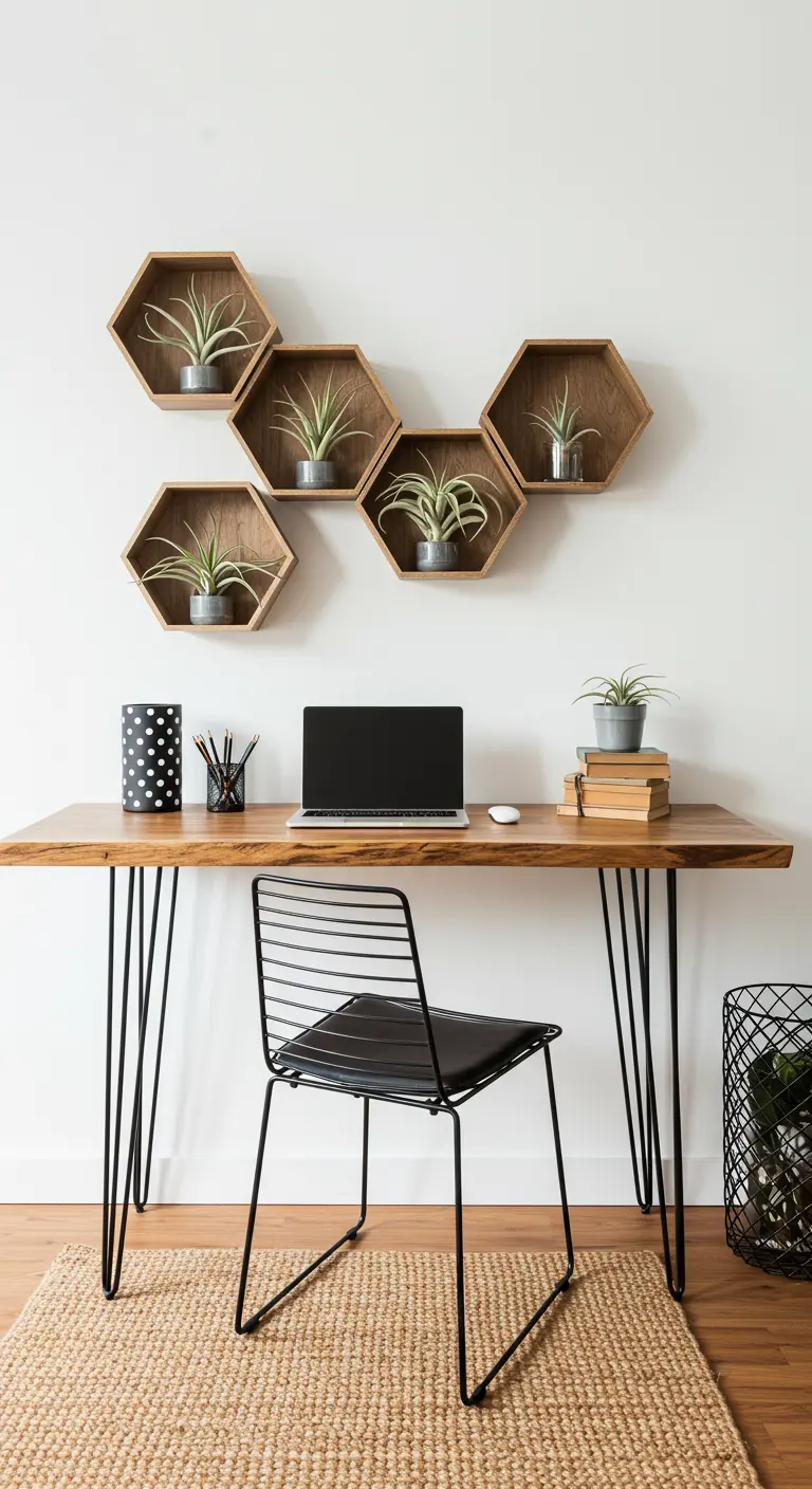 Bureau en bois avec des étagères murales hexagonales contenant des plantes.