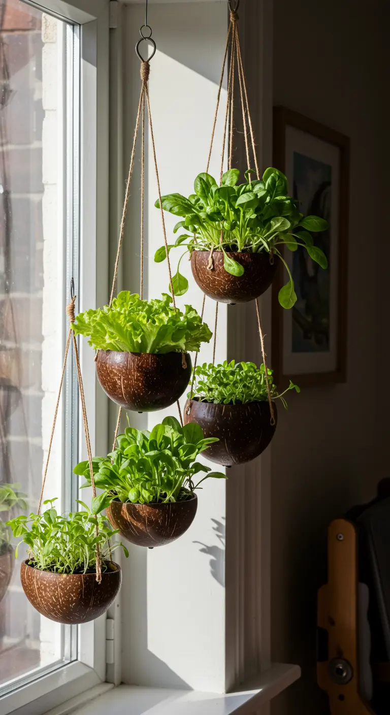 Plusieurs pots en coque de noix de coco suspendus, remplis de jeunes pousses de salade.