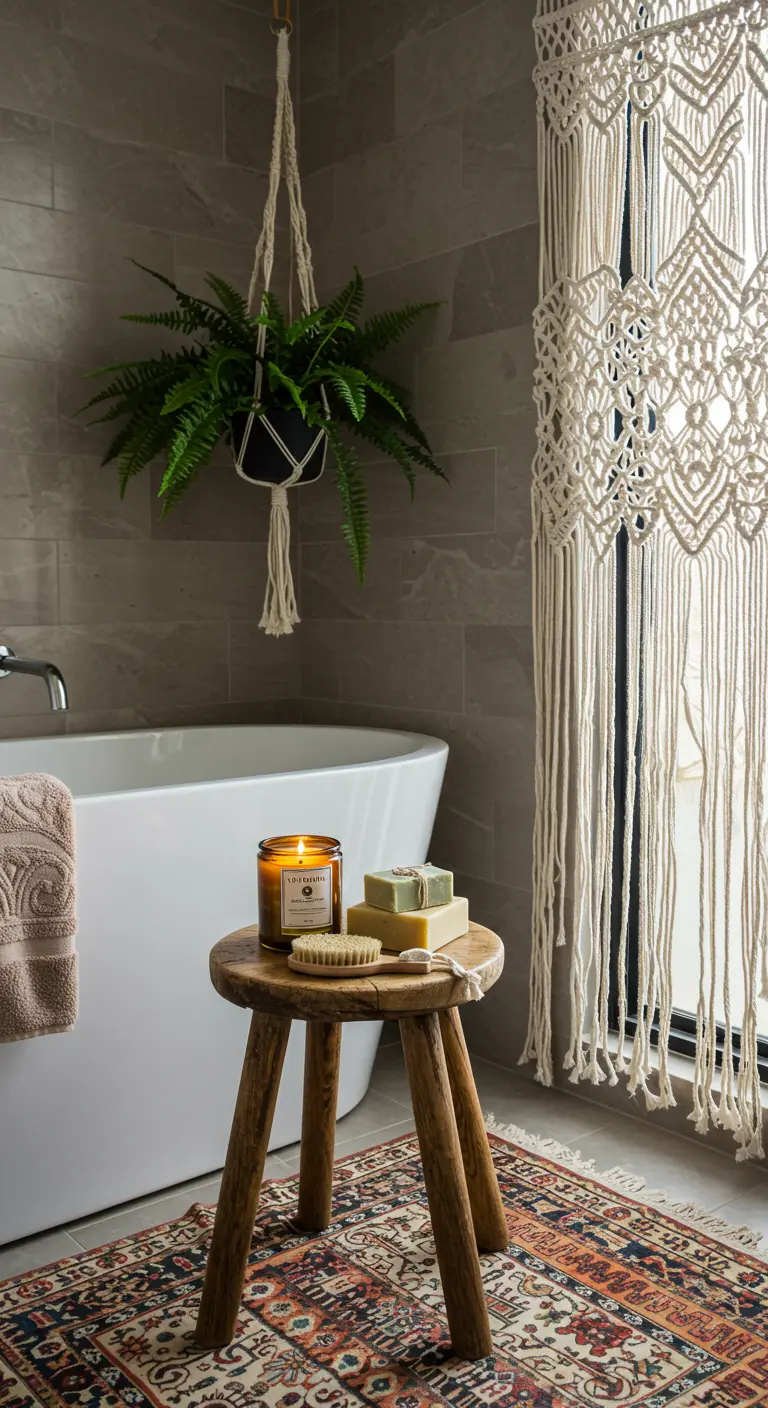 Salle de bain avec une tenture en macramé, une plante suspendue et un tabouret en bois.