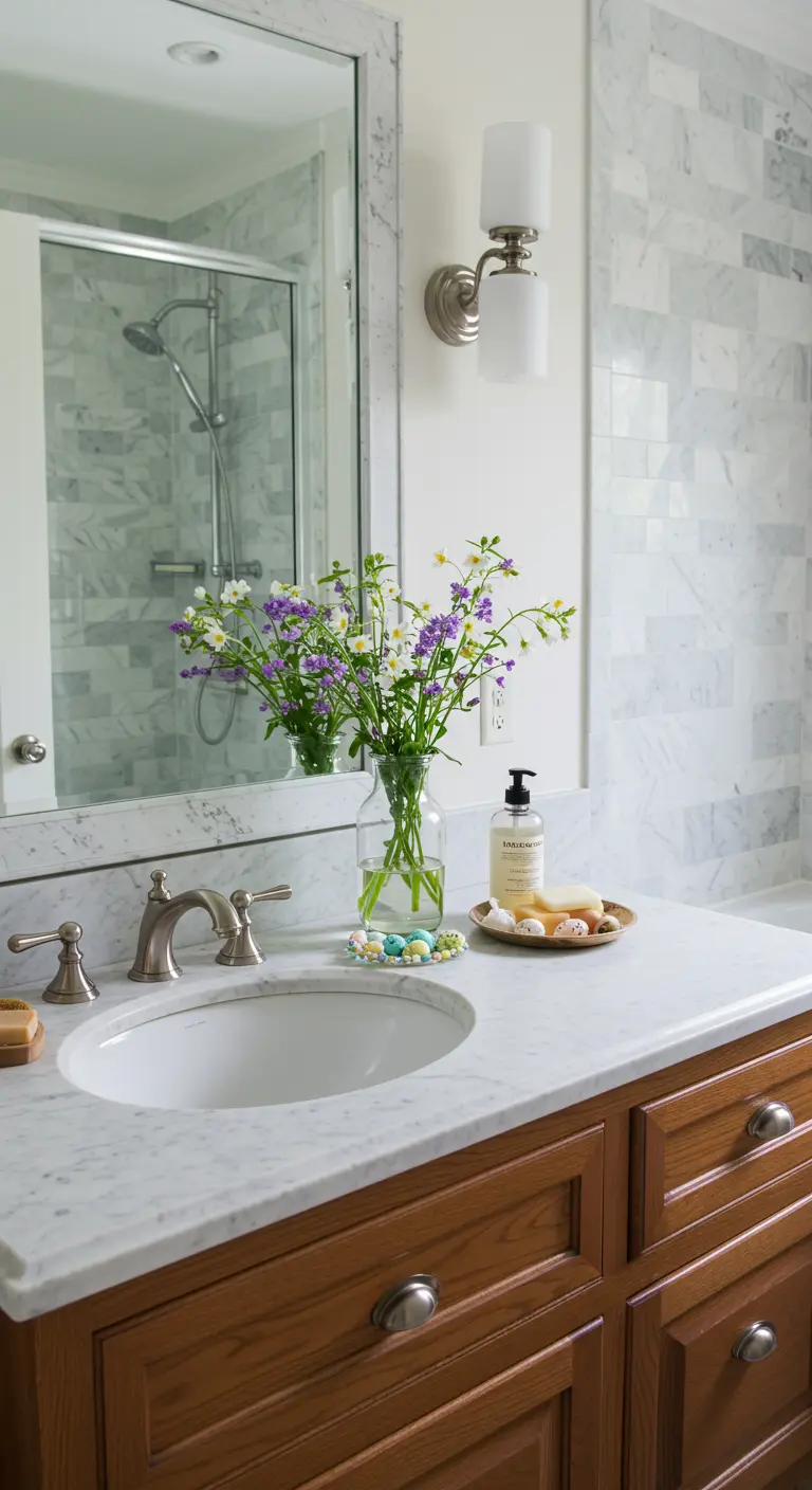 Lavabo de salle de bain en marbre avec un petit bouquet et quelques œufs décoratifs.