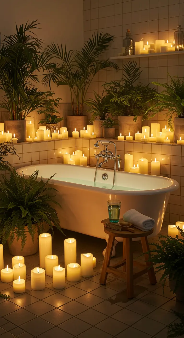 Salle de bain luxueuse remplie de plantes vertes et de bougies allumées autour d'une baignoire