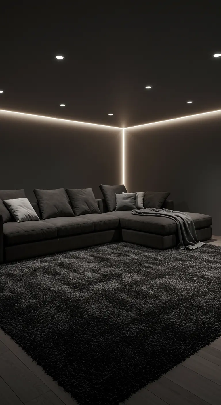 Salon de cinéma maison avec canapé gris foncé et éclairage LED indirect.