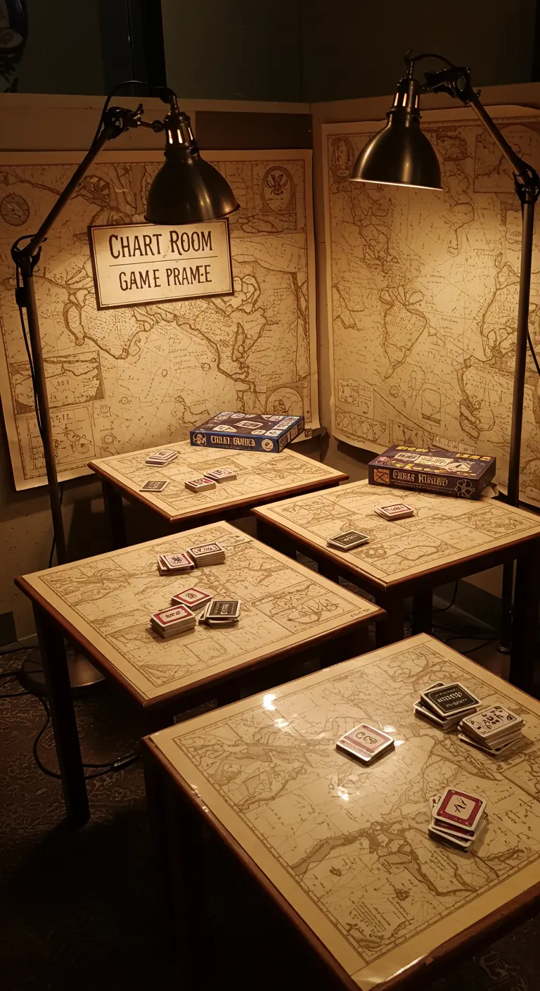 Coin jeux avec des tables et des murs recouverts de vieilles cartes maritimes.