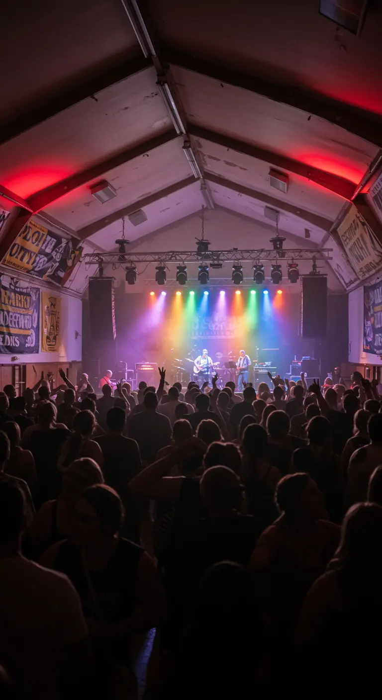 Scène de concert éclairée par des spots de toutes les couleurs.