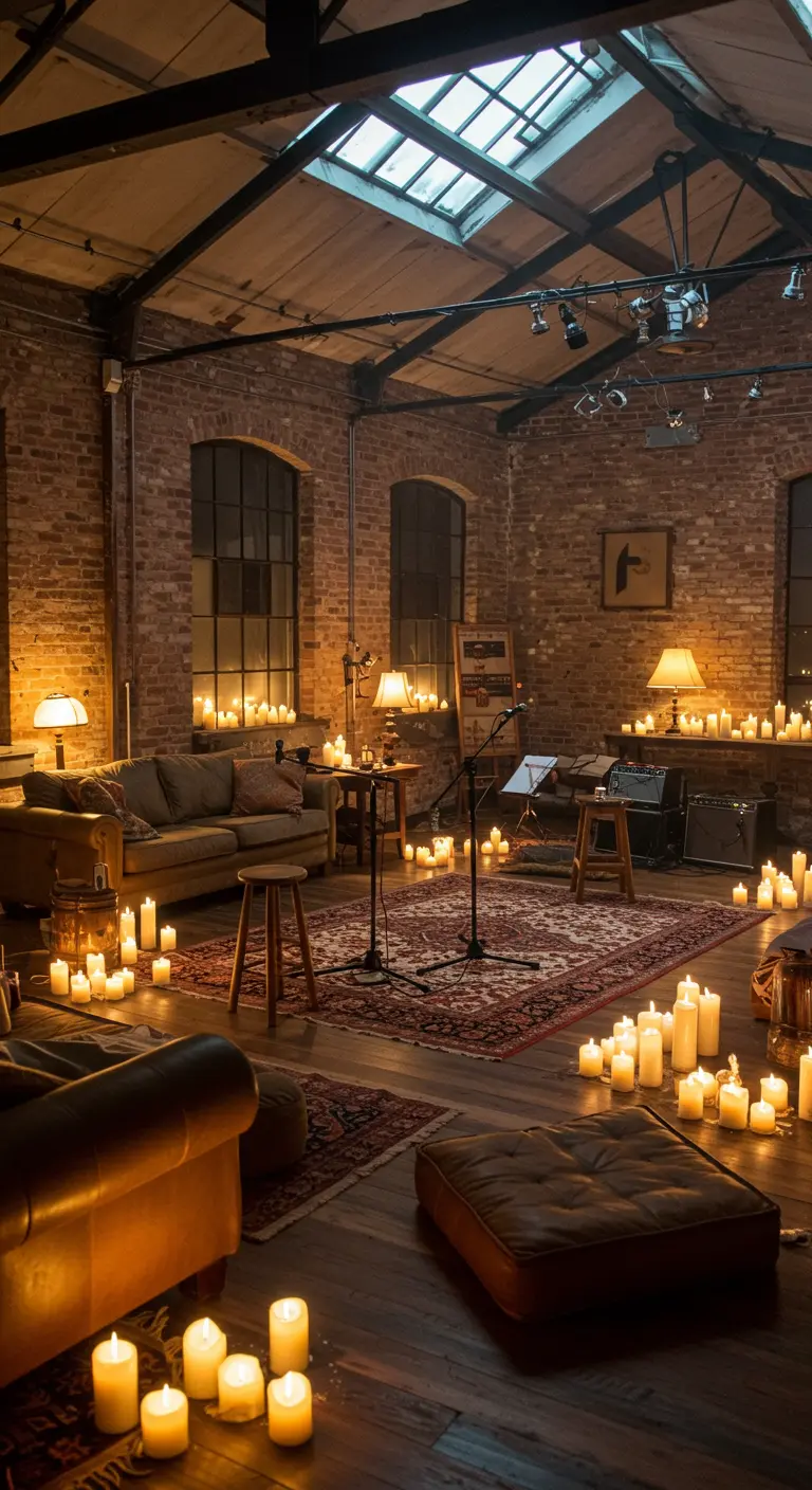 Loft industriel éclairé uniquement par des centaines de bougies.