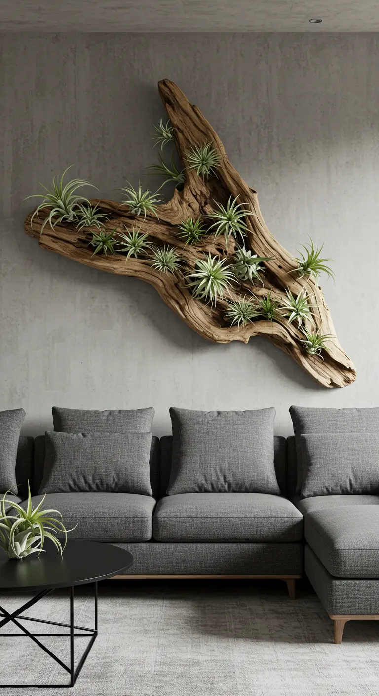 Une grande pièce de bois flotté accrochée au mur au-dessus d'un canapé, ornée de plantes aériennes.