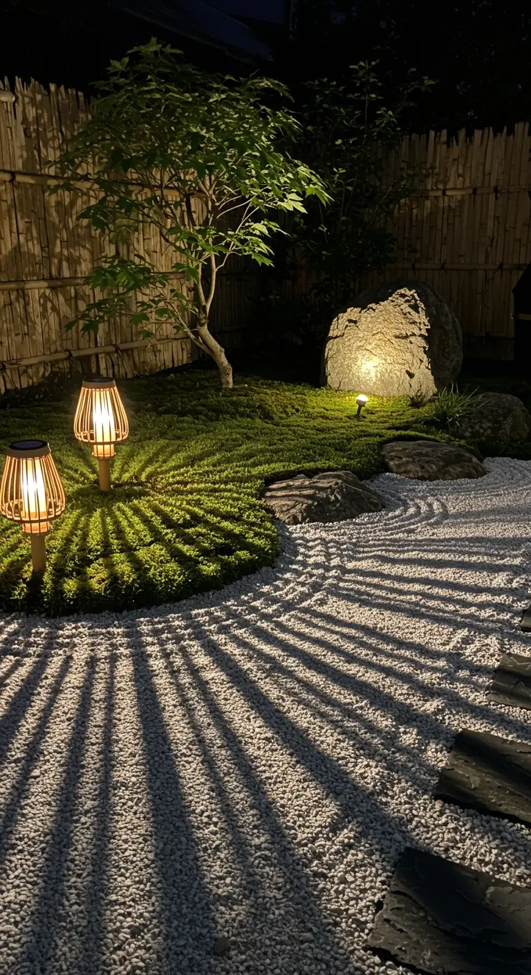 Un jardin zen avec du gravier ratissé, un rocher et un arbre éclairés par des lanternes en bambou.