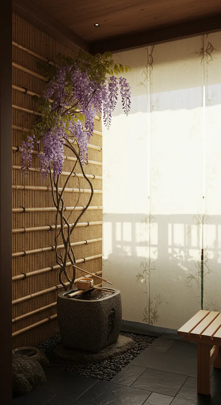 Balcon d'inspiration japonaise avec un mur en bambou et une glycine en fleurs.