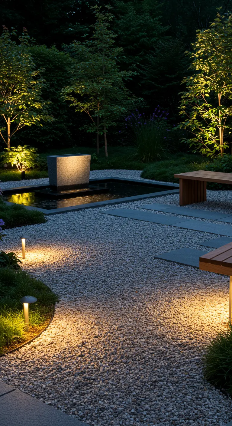 Jardin zen avec un chemin de gravier éclairé par des balises LED et des spots sur la végétation.