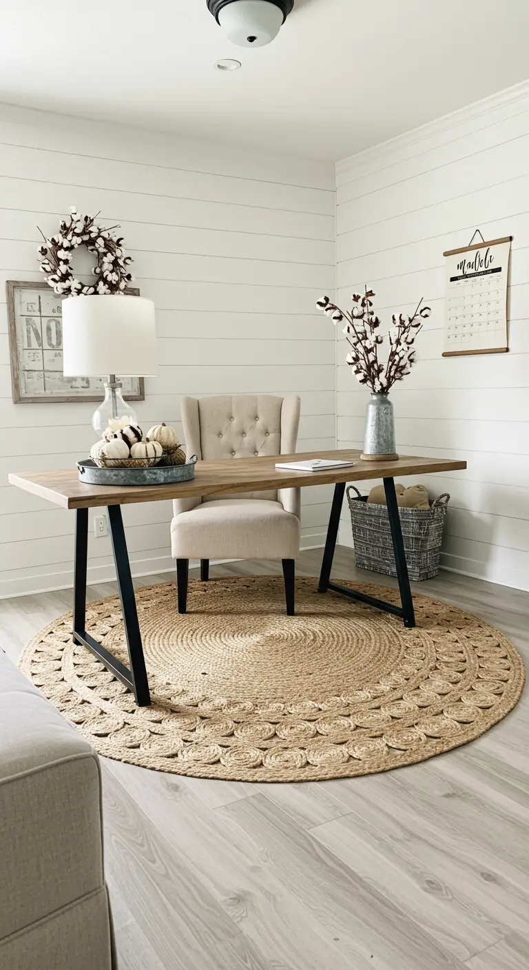 Bureau de style farmhouse avec murs blancs, tapis rond en jute et décorations de saison.