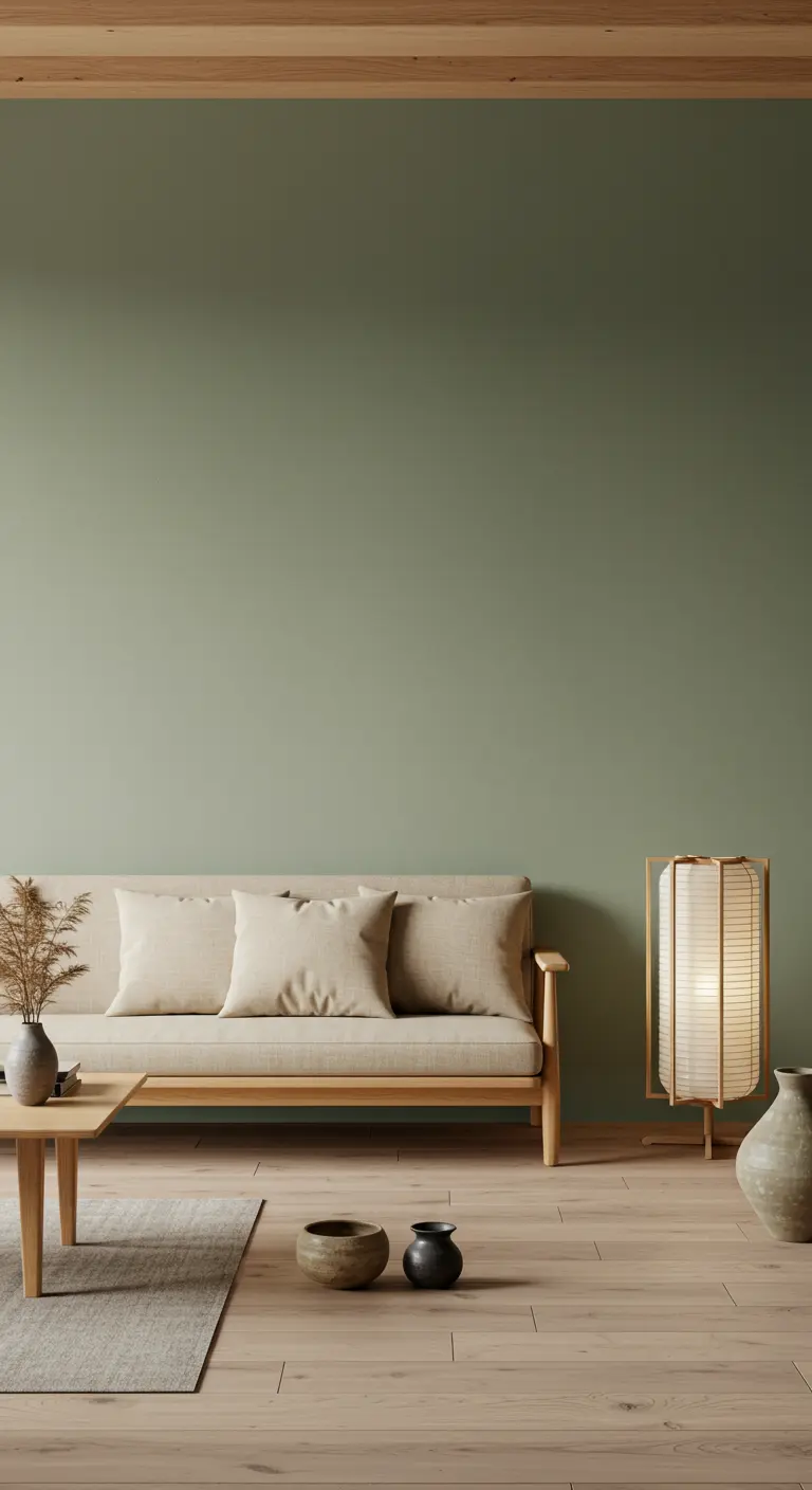Un mur vert sauge apaisant derrière un canapé minimaliste en bois clair et tissu beige.