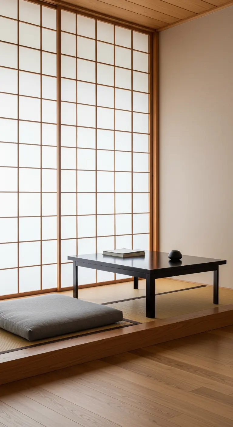 Coin lecture minimaliste de style japonais avec table basse et coussin de sol.