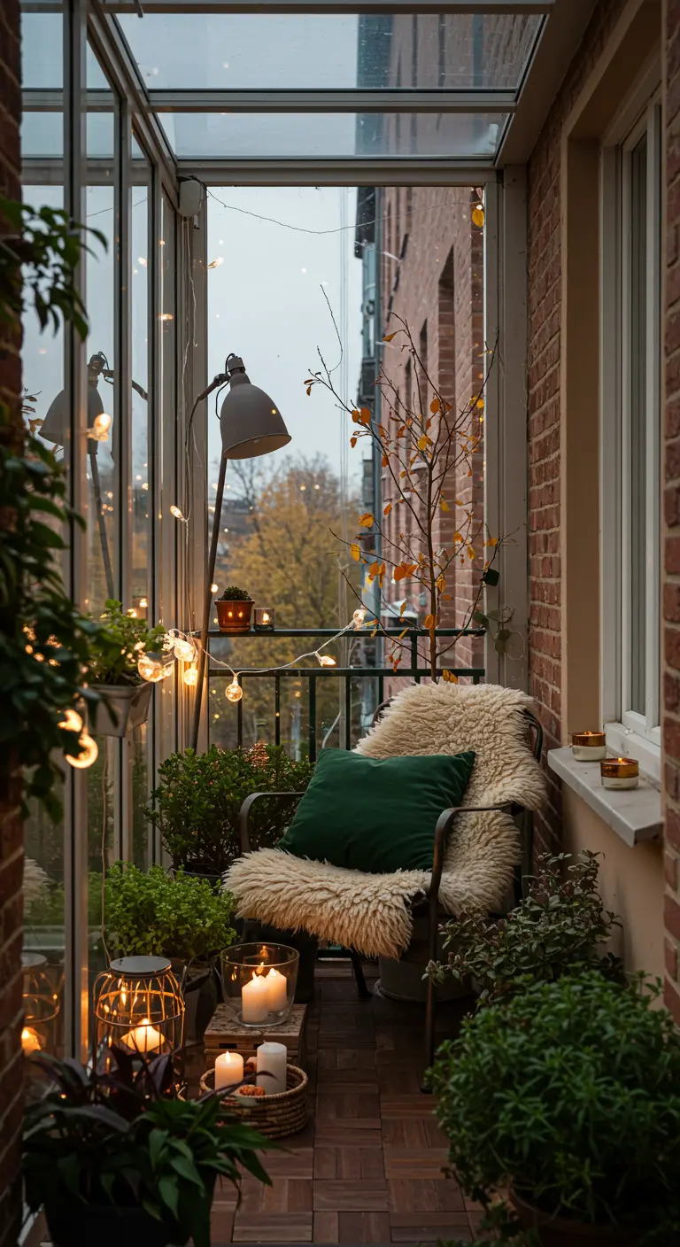 Serre-balcon cosy avec fauteuil en peau de mouton, plantes, lampadaire, lanternes et guirlandes lumineuses.