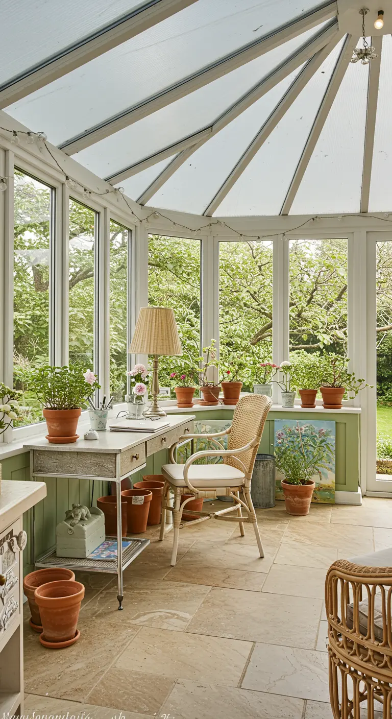 Bureau aménagé dans une véranda remplie de plantes en pots, mobilier de style campagne et lumière naturelle.