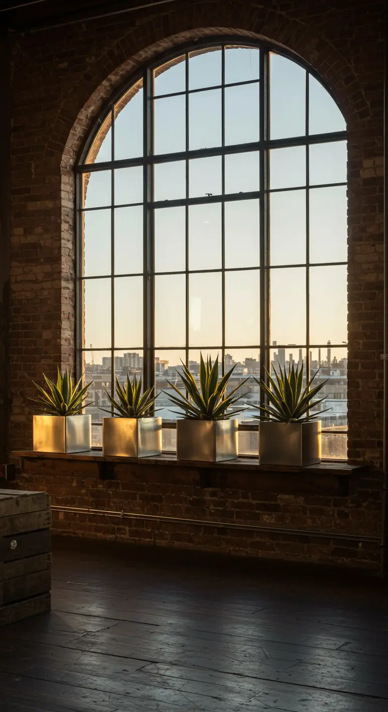 Quatre petits pots carrés en métal avec des agaves alignés sur un rebord de fenêtre.