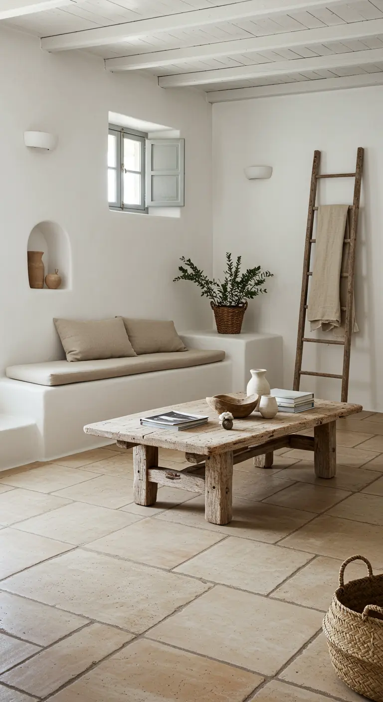 Salon minimaliste blanc avec banquette, table en bois brut et échelle décorative.