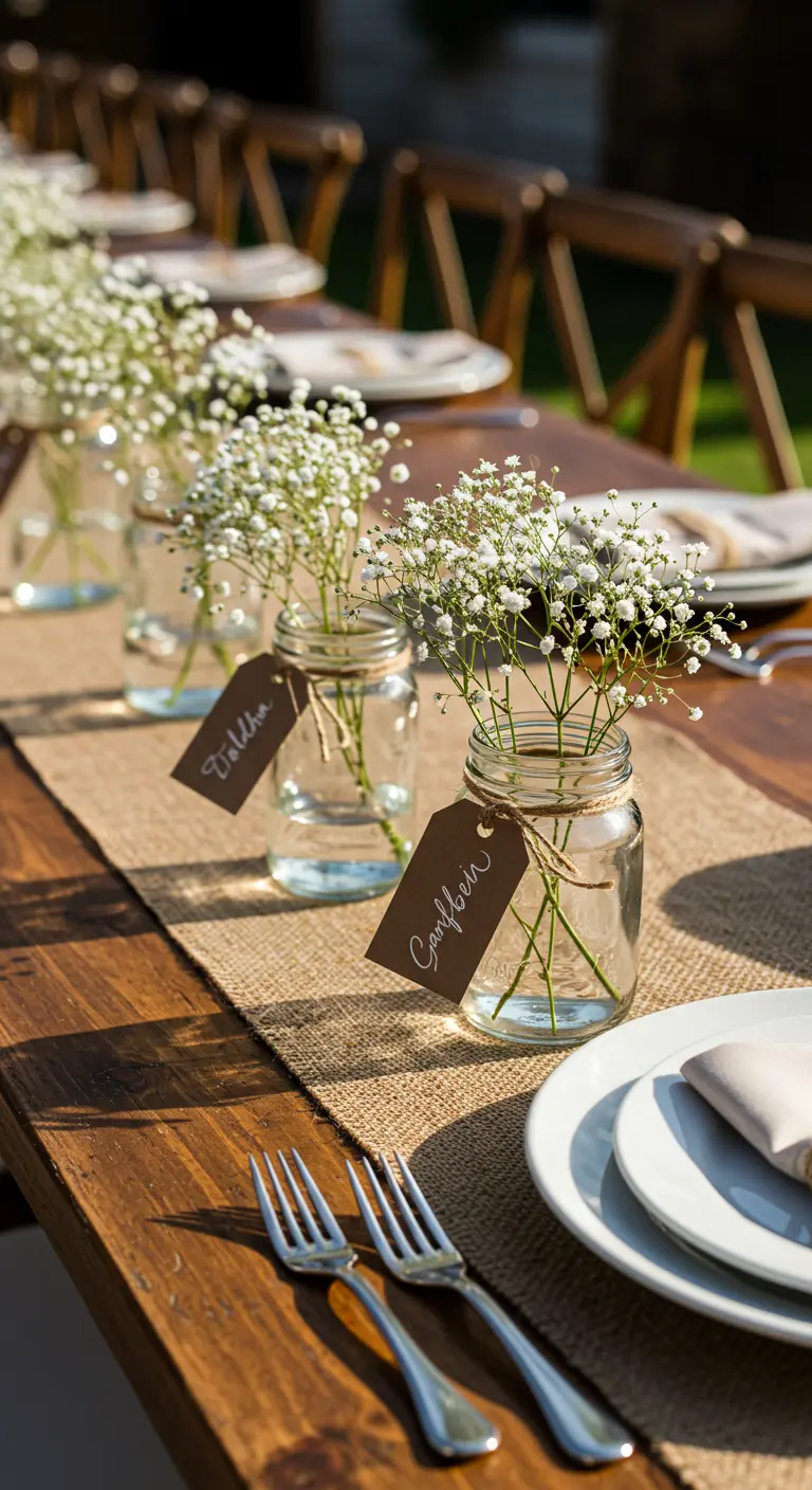 Petits pots en verre avec gypsophile et étiquettes kraft sur une table en bois.