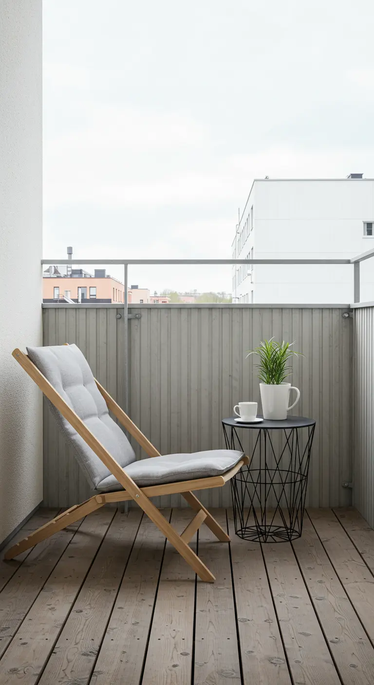 Chaise longue grise sur un balcon en bois avec une petite table noire.