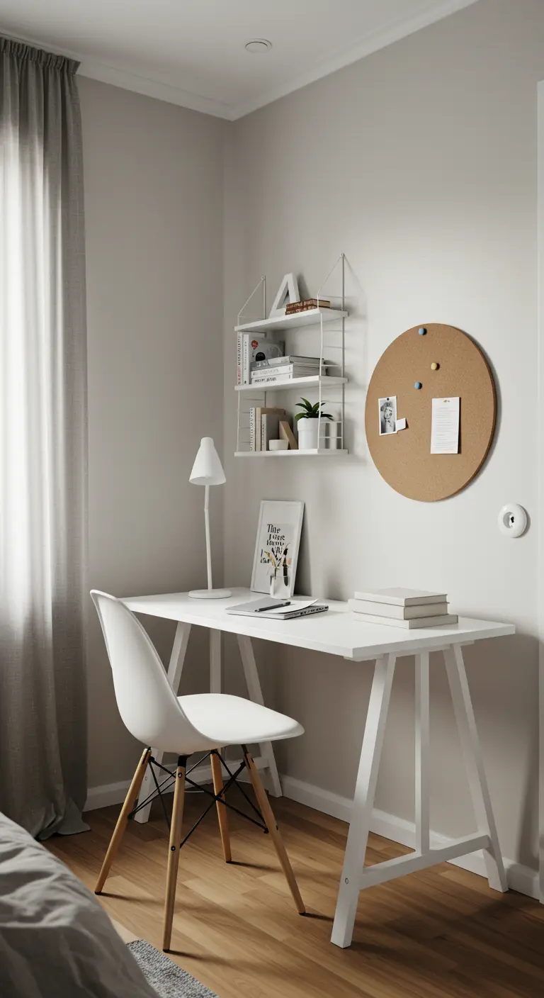 Bureau blanc minimaliste dans une chambre avec étagère murale et panneau de liège rond.