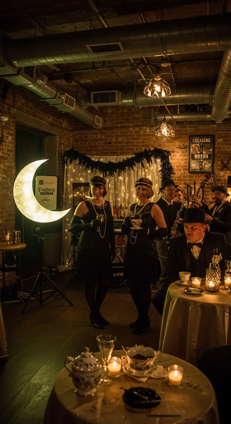 Invités en tenue des années 20 posant lors d'une soirée à thème speakeasy.