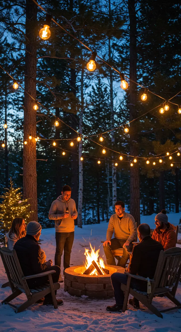 Groupe d'amis autour d'un feu de camp en hiver, sous des guirlandes guinguette.