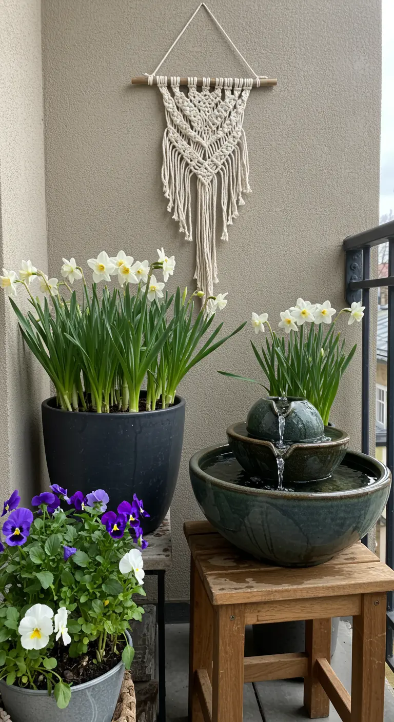 Coin zen sur un balcon avec des narcisses, une petite fontaine et un macramé mural.