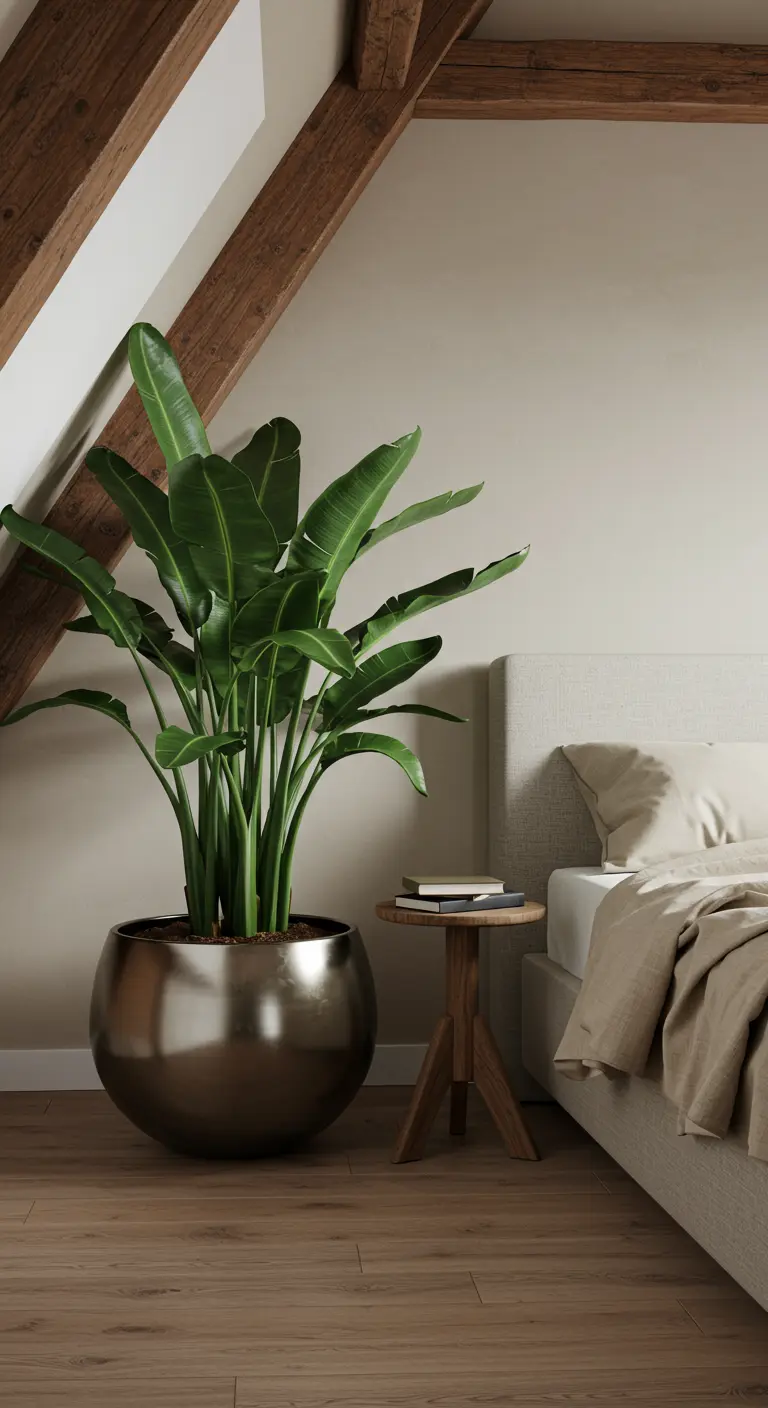 Une grande jardinière sphérique en métal foncé avec un oiseau de paradis à côté d'un lit.