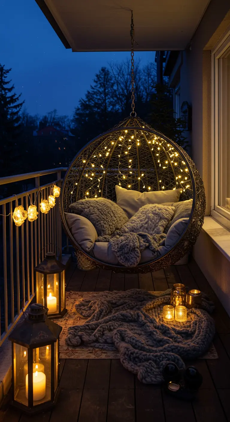 Fauteuil suspendu en forme d'œuf recouvert de guirlandes lumineuses, sur un balcon de nuit.