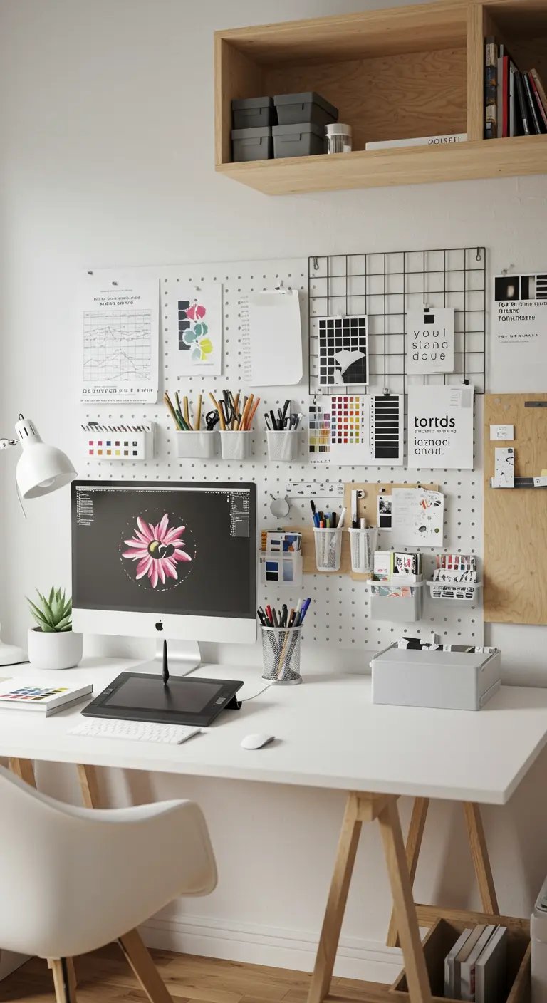 Bureau de designer graphique blanc avec un mur de rangement modulable.