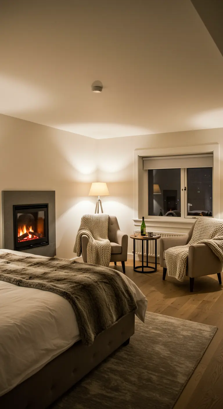 Grande chambre avec cheminée et coin salon composé de deux fauteuils.