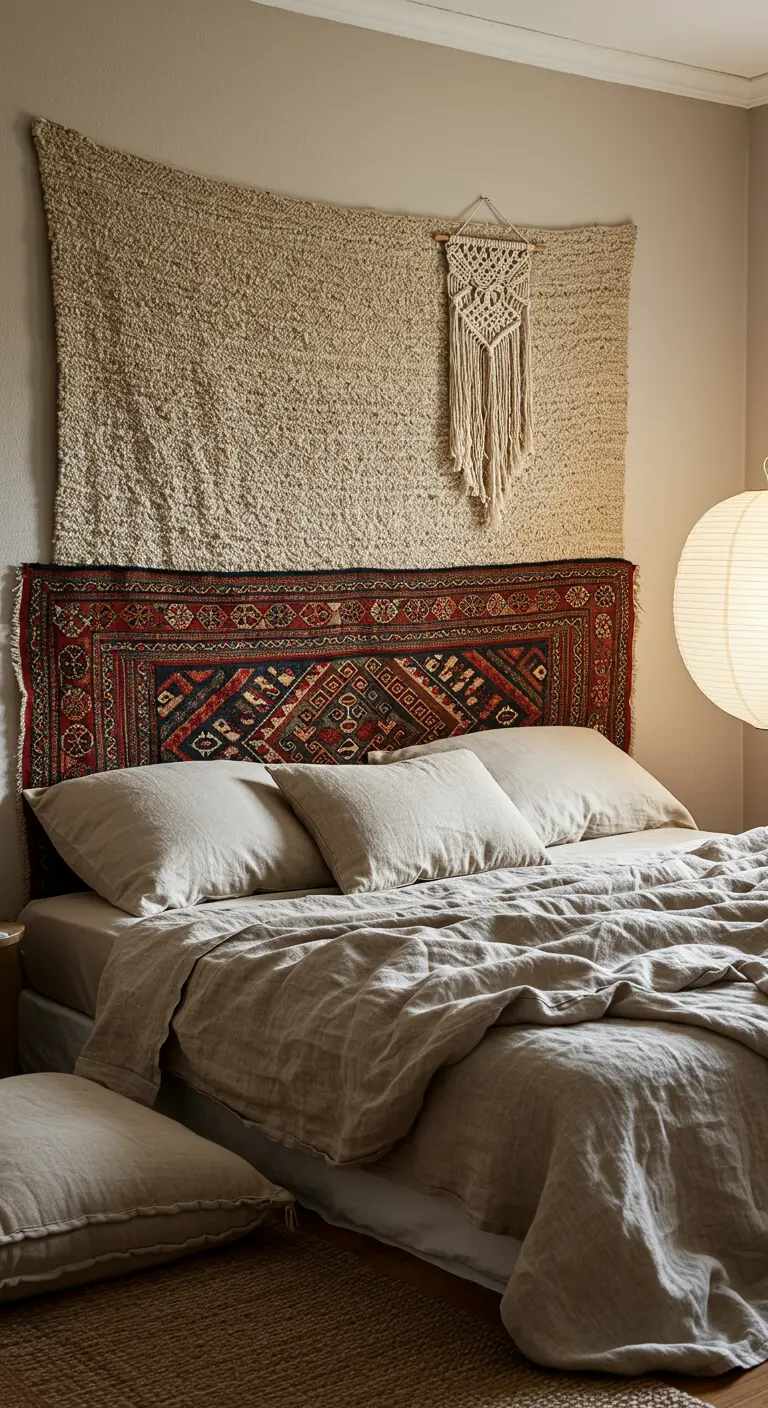 Superposition de deux tapis de style berbère et kilim au mur derrière un lit.