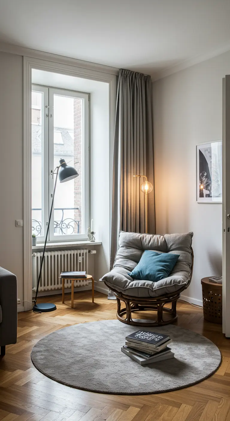 Fauteuil bas et confortable sur un tapis rond avec deux lampadaires différents.