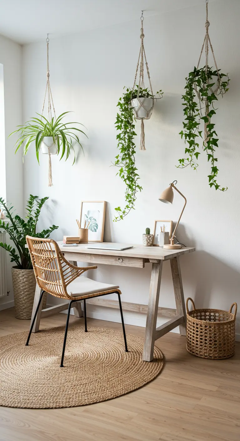 Bureau en bois avec une chaise en rotin, sous trois plantes suspendues en macramé.