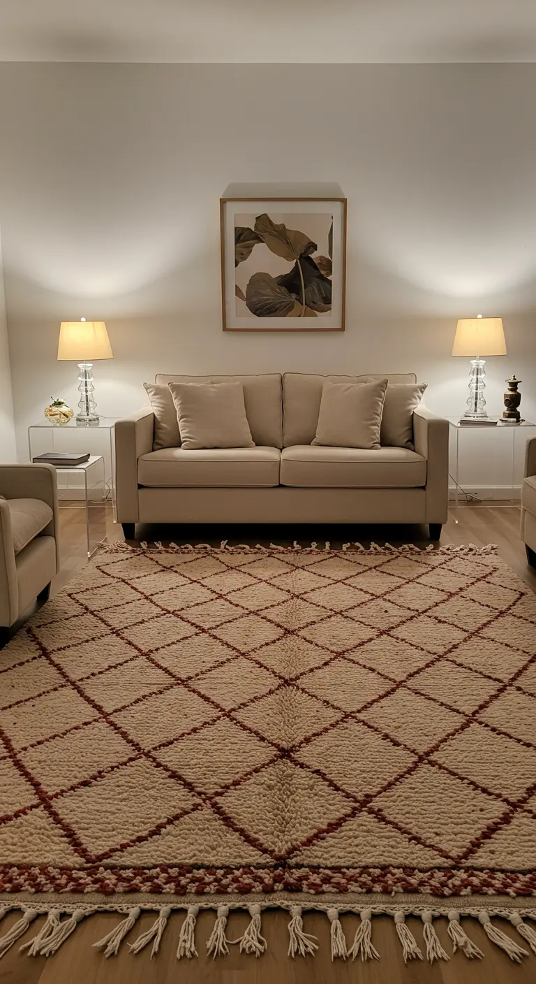 Salon symétrique avec canapé beige, tapis berbère à motifs terracotta et deux lampes.