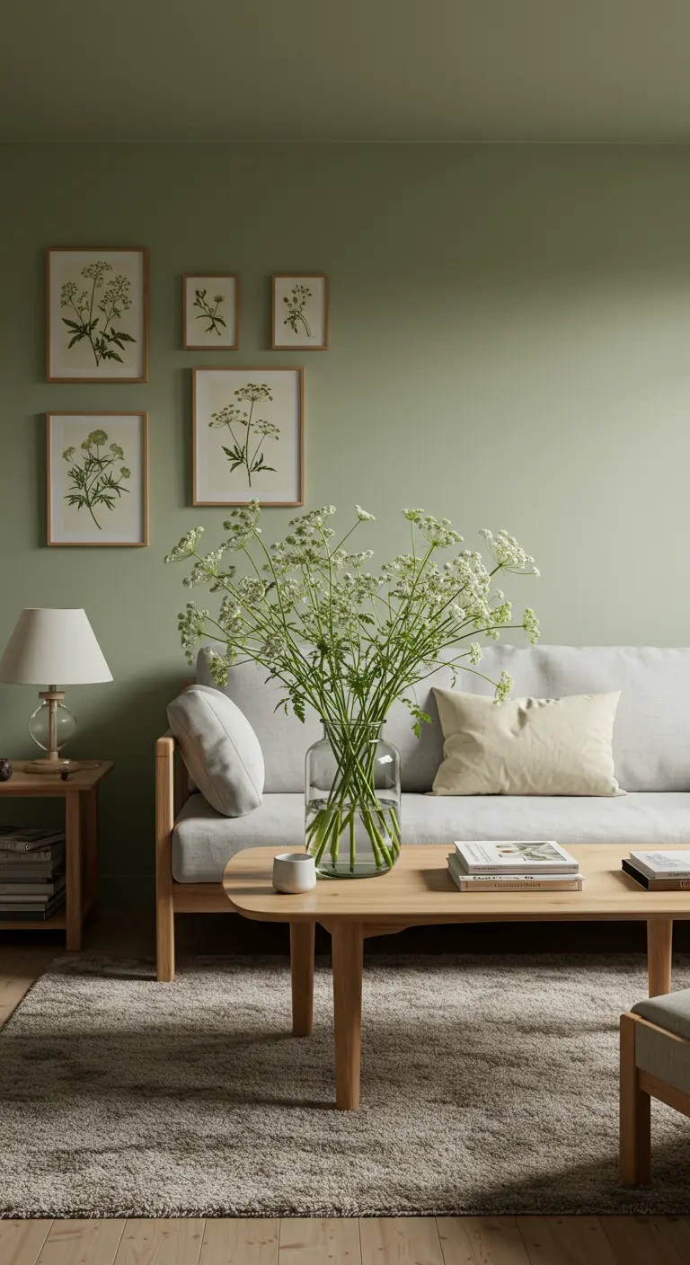 Salon avec murs vert sauge, cadres botaniques et un bouquet de fleurs sauvages blanches