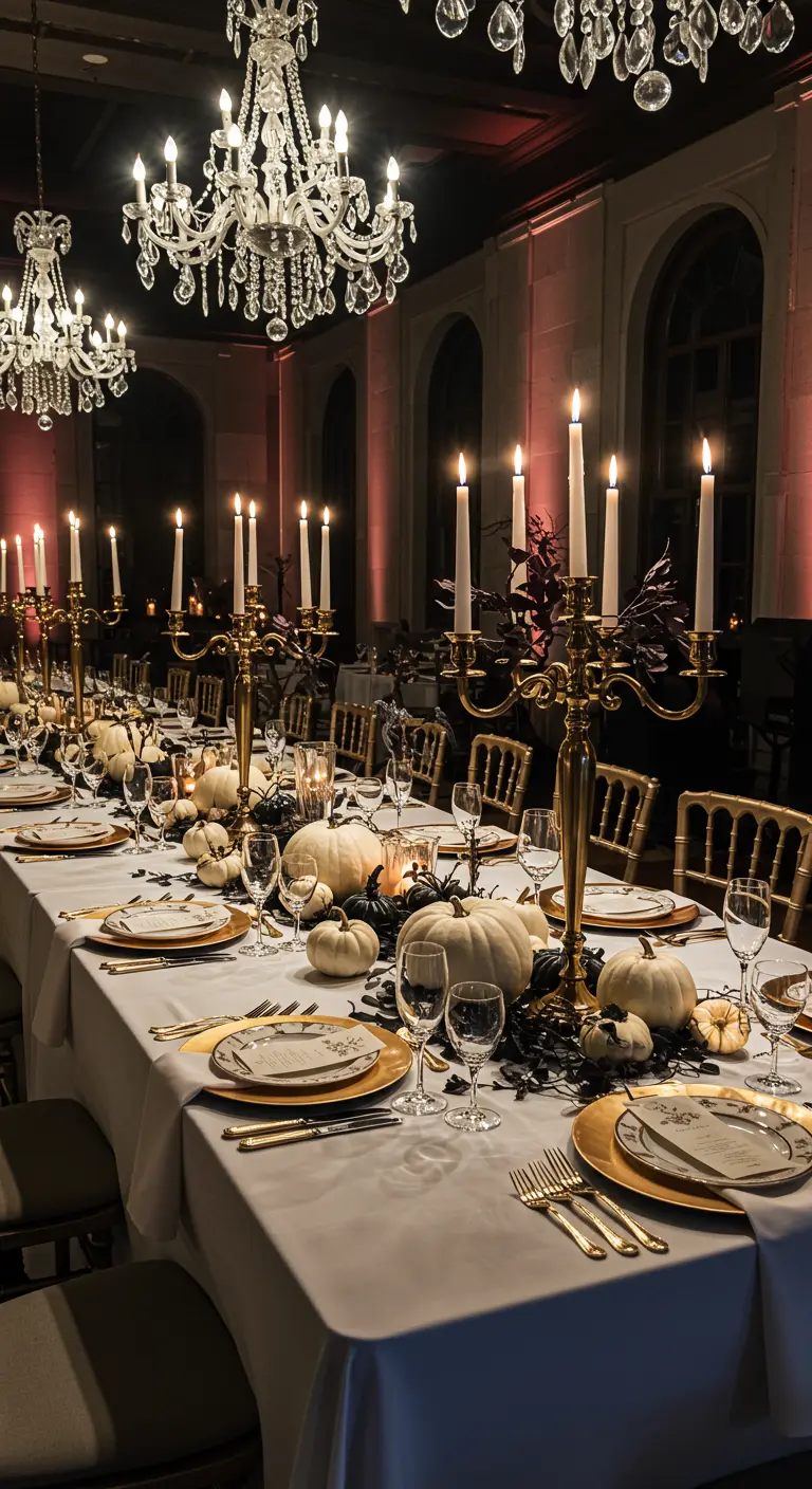 Longue table de banquet chic avec citrouilles blanches, chandeliers dorés et bougies.