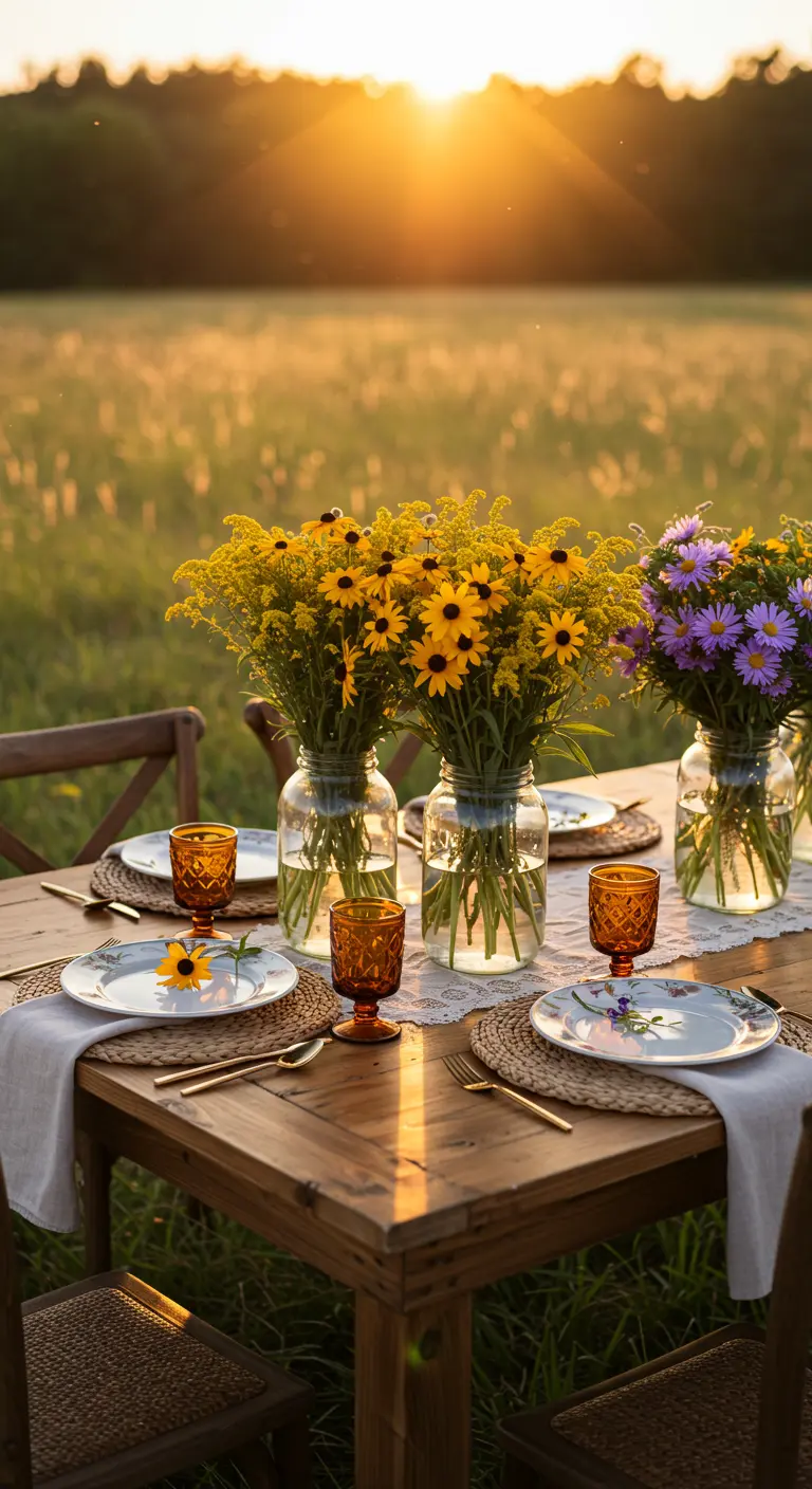 Table en bois avec des bocaux de fleurs jaunes au coucher du soleil.