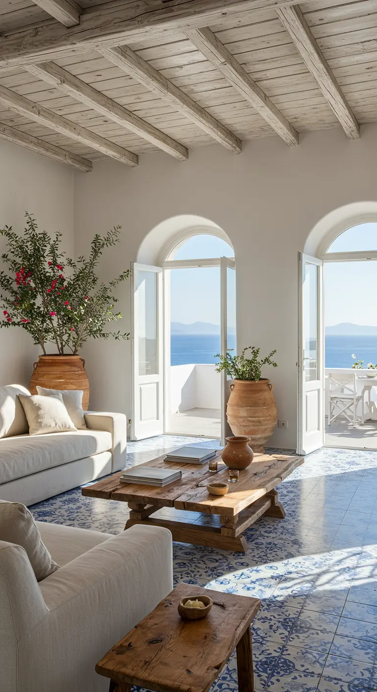 Salon méditerranéen avec carrelage bleu et blanc, poutres blanchies et vue sur la mer.