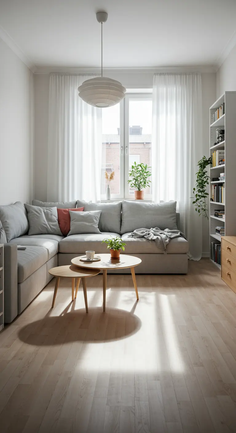 Salon scandinave lumineux avec canapé d'angle gris et tables gigognes en bois.