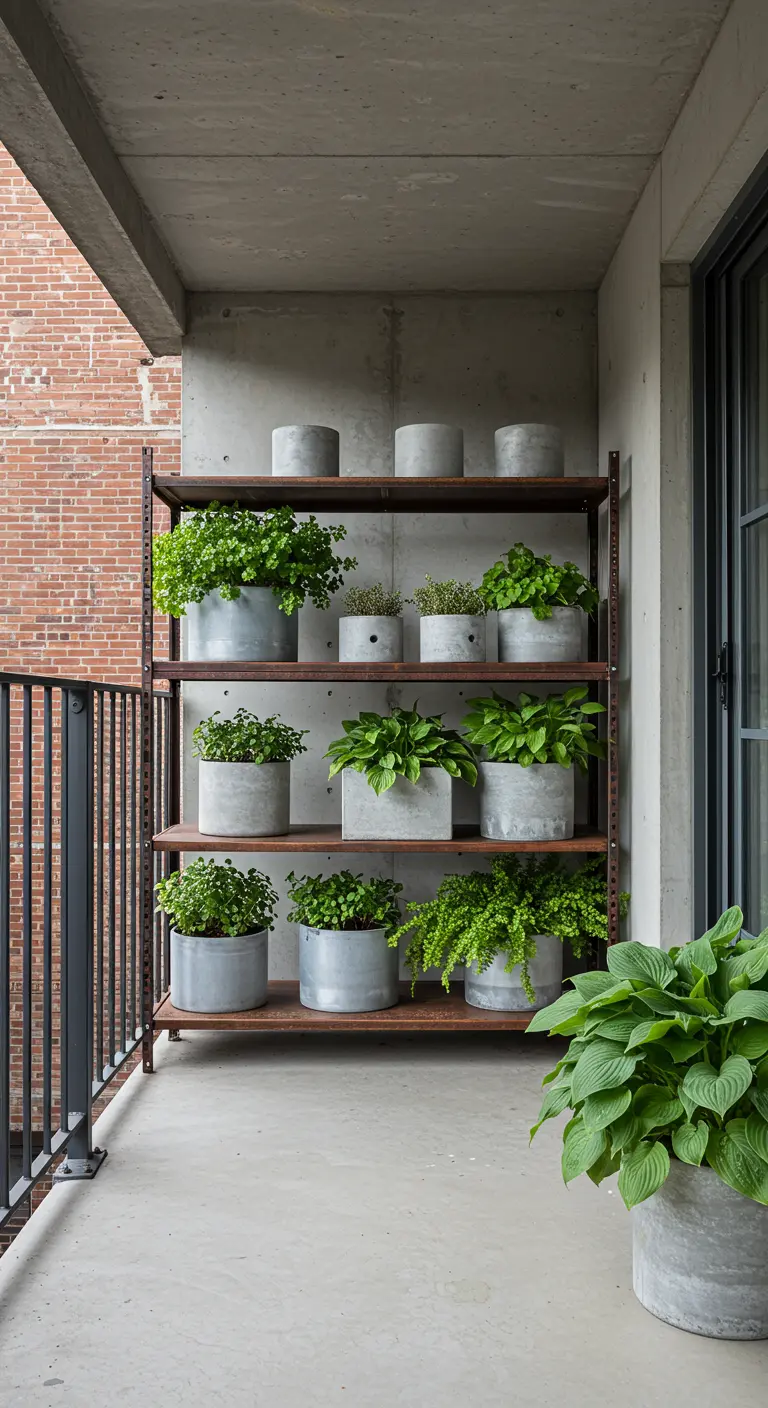 Pots en béton avec des plantes vertes sur une étagère industrielle.