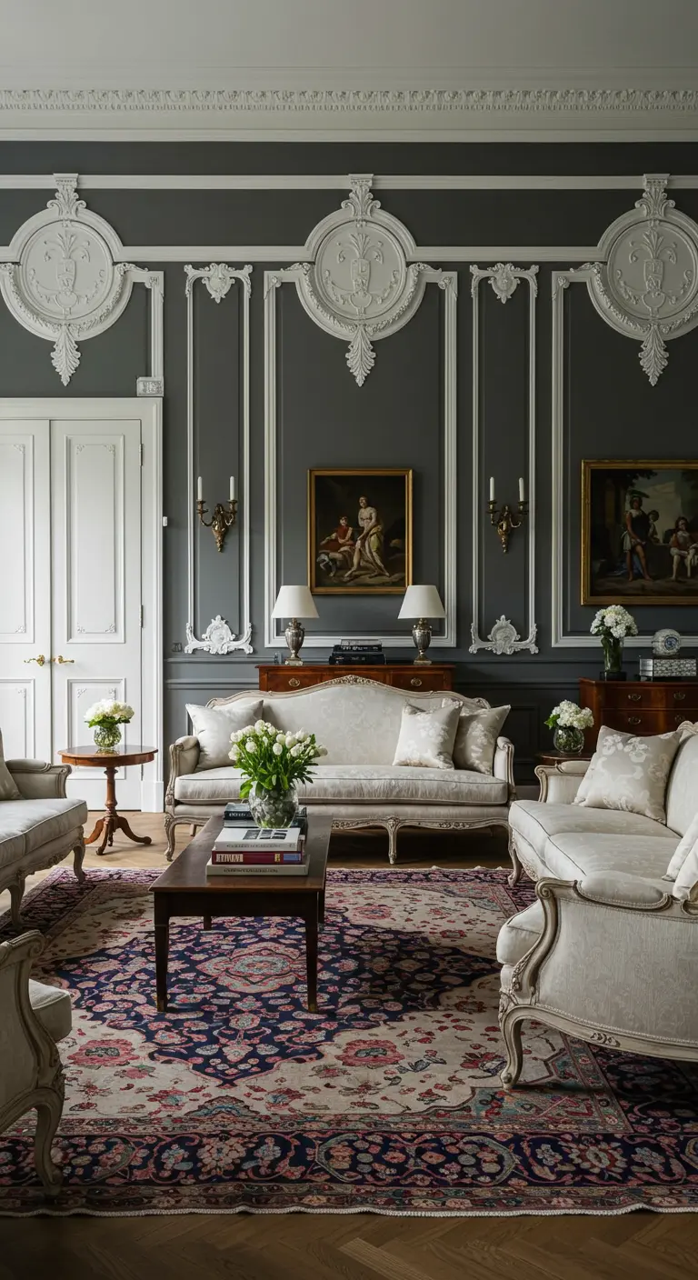 Salon néoclassique avec murs gris anthracite et moulures en plâtre blanc.